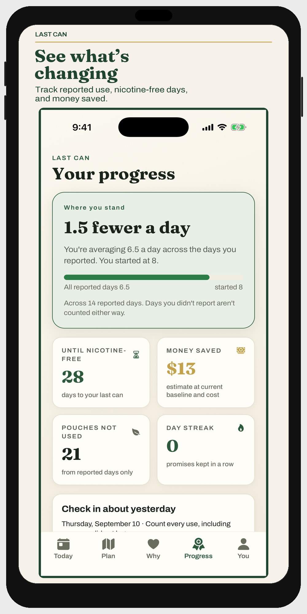 Progress showing 1.5 fewer a day and $13 saved
