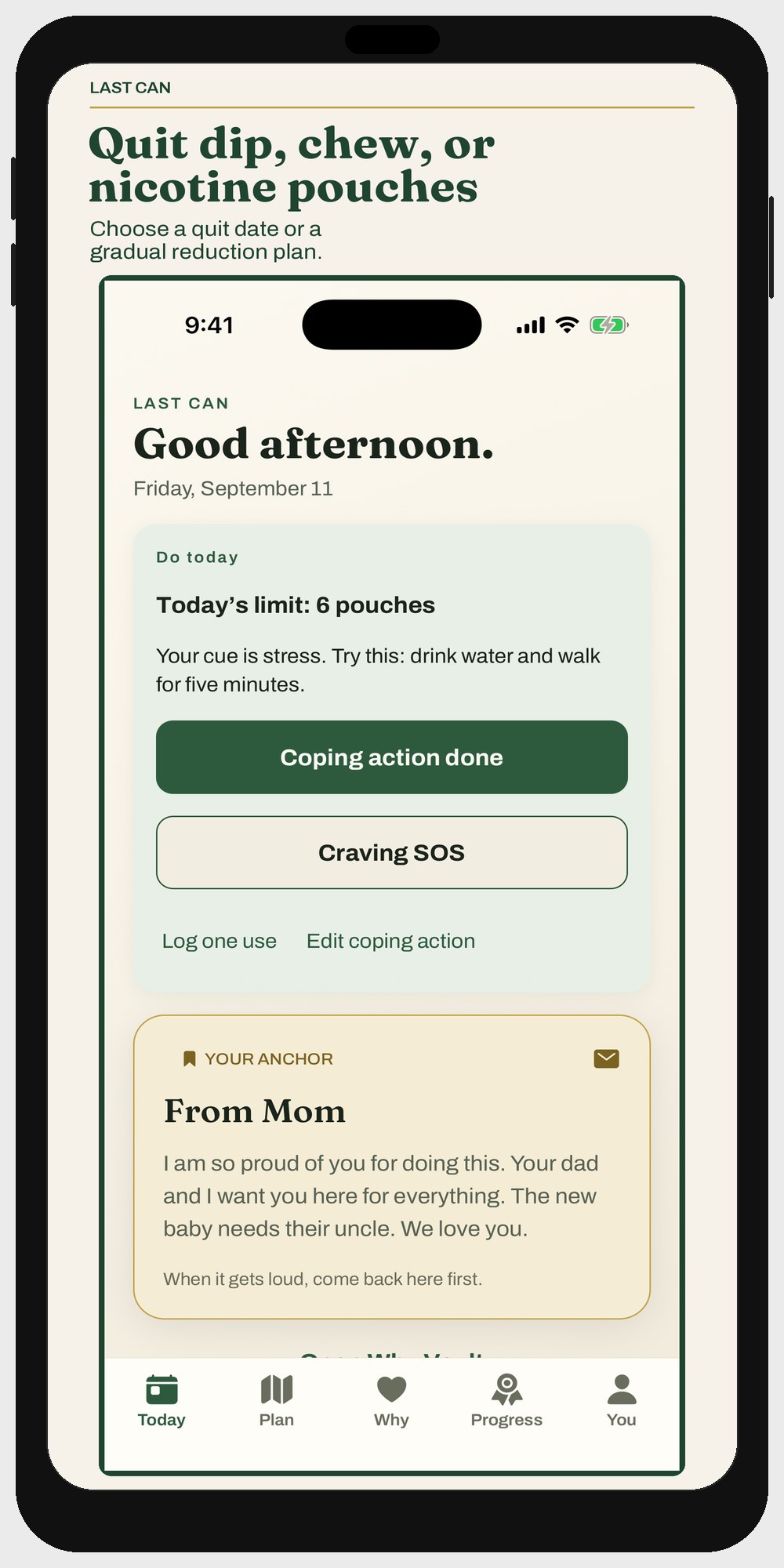 Today screen with today's limit and a letter from Mom